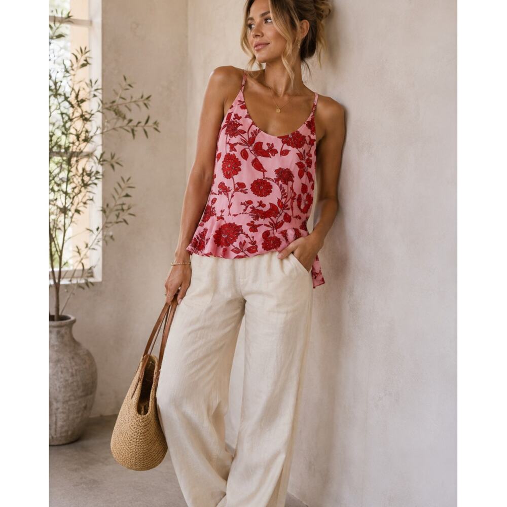 Cabi Pink Red Floral Sleeveless Peplum Blouse Womens XS Tank Adjustable Strap